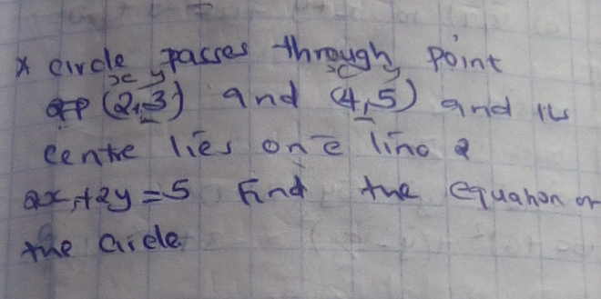 circle passes through point 
ge v
(2,3) and (4,5) and iL 
centve lies one linoa
2x+2y=5 Fnd the equahon on 
the Girele.