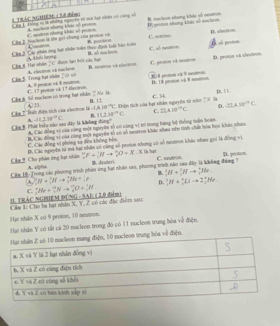 Cầu
I. TRẢC NGHIÊM: ( 5,0 điểm)
Câu I. Đồng vị là những nguyên tử mà hạt nhân có cùng số
A. nucleon nhưng khác số proton. B. nucleon nhưng khác số neutron.
C. neutron nhưng khác số proton. Doproton nhưng khác số nucleon.
D. electron.
Câu 2. Nucleon là tên gọi chung của proton và:
A neutron B. pozitron C. notrino.
Câu 3. Các phân ứng hạt nhân tuân theo định luật bảo toàn
A. khối lượng B. số nucleon. C. số neutron. D. số proton.
Câu 4. Hạt nhân _6^((12)C được tạo bởi các hạt
A. electron và nucleon B. neutron và electron. C. proton vå neutron D. proton và electron.
Câu 5. Trong hạt nhân frac 17)8O có
A. 9 proton và 8 neutron. B. 8 proton và 9 neutron.
C. 17 proton và 17 électron. D. 18 proton và 8 neutron.
Câu 6. Số nucleon có trong hạt nhân  23/11  Na là:
D. 11.
A 23. B. 12. C. 34.
D.
Câu 7 Biết điện tích của electron là -1,6.10^(-19)C. Điện tích của hạt nhân nguyên tử nitơ frac 1^((16)N là
A. -11,2.10^-19)C. B. 11,2.10^(-19)C. C. 22,4.10^(-19)C. -22,4.10^(-19)C.
Câu 8. Phát biểu nào sau đây là không đủng?
A. Các đồng vị của cùng một nguyên tố có cùng vị trí trong bảng hệ thống tuần hoàn.
B, Các đồng vị của cùng một nguyên tố có số neutron khác nhau nên tính chất hóa học khác nhau.
C. Các đồng vị phóng xạ đều không bên.
D. Các nguyên tử mà hạt nhân có cùng số proton nhưng có số neutron khác nhau gọi là đồng vị.
Câu 9. Cho phản ứng hạt nhân _9^(19)F+_1^1Hto _8^(16)O+X.X là hạt
A. alpha. B. deuteri. C. neutron. D. proton.
Câu 10. Trong các phương trình phản ứng hạt nhân sau, phương trình nào sau đây là không đúng ?
B. _1^2H+_1^2Hto _2^4He.
A. _1^2H+_1^3Hto _2^4He+_1^1p. _1^2H+_3^6Lito 2_2^4He.
D.
C. _2^4He+_7^(14)Nto _8^(17)O+_1^1H.
II. TRÁC NGHIÊM ĐÚNG - SAI: ( 2,0 điểm)
Câu 1: Cho ba hạt nhân X, Y, Z có các đặc điểm sau:
Hạt nhân X có 9 proton, 10 neutron.
Hạt nhân Y có tất cả 20 nucleon trong đó có 11 nucleon trung hòa về điện.
nucleon trung hòa về điện.