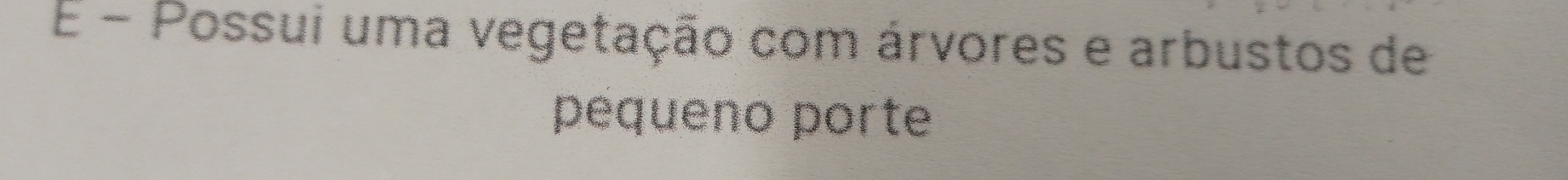 É - Possui uma vegetação com árvores e arbustos de 
pequeno porte