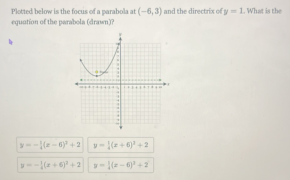 Plotted below is the focus of a parabola at (-6,3) and the directrix of y=1. What is the
equation of the parabola (drawn)?
y=- 1/4 (x-6)^2+2 y= 1/4 (x+6)^2+2
y=- 1/4 (x+6)^2+2 y= 1/4 (x-6)^2+2