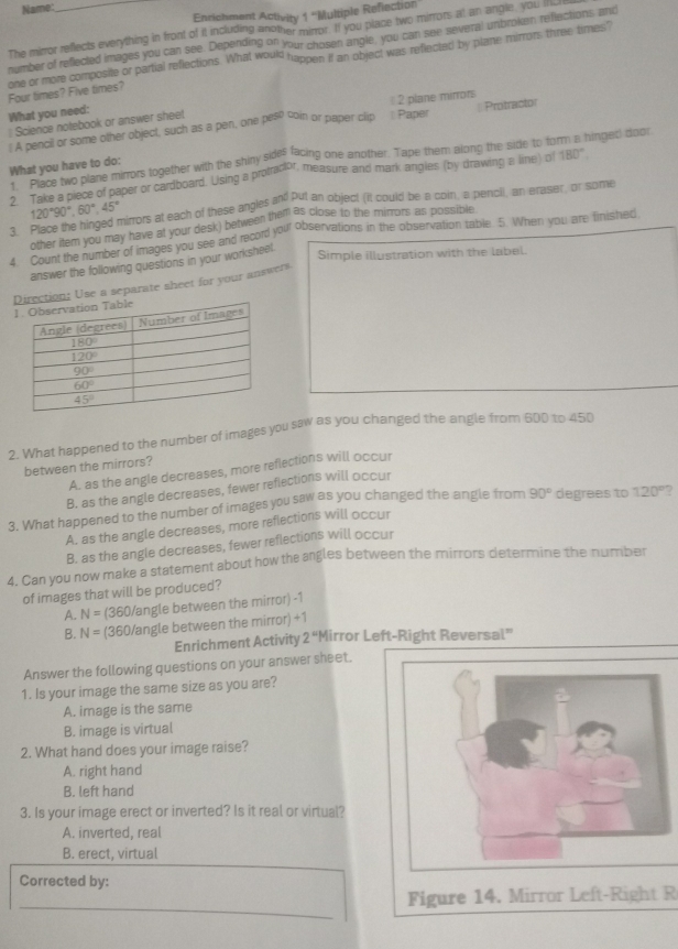 Name:
_
Enrichment Activity 1 ''Multiple Refiectol
The mirror reflects everything in front of it including another mirror. If you place two mirrors at an angle, you I_
number of reflected images you can see. Depending on your chosen angle, you can see several unbroken reflections and
Four times? Five times? one or more composite or partial reflections. What would happen if an object was reflected by plane mirrors three times"
What you need:
Science notebook or answer sheet = Paper
| A pencil or some other object, such as a pen, one peso coin or paper clip  2 plane mirror  Protractor
W Pace two plane mirrors together with the shiny sides facing one another. Tape them along the side to form a hingeti door
What you have to do:
2 Take a piece of paper or cardboard. Lising a protractor, measure and mark angles (by drawino a line) of 180°
3. hirrors at each of these angles and Put an object (it could be a coin, a pencil, an eraser, or some
120°90°,60°,45°
other item you may have at your desk) between them as close to the mirrors as possible
4. Count the number of images you see and record your observations in the observation table. 5. When you are finished
answer the following questions in your worksheel.
Simple illustration with the label.
n: Use a separate sheet for your answers
2. What happened to the number of images you saw as you changed the angle from 600 to 450
between the mirrors?
A. as the angle decreases, more reflections will occur
B. as the angle decreases, fewer reflections will occur
3. What happened to the number of images you saw as you changed the angle from 90° degrees to 120° 7
A. as the angle decreases, more reflections will occur
B. as the angle decreases, fewer reflections will occur
4. Can you now make a statement about how the angles between the mirrors determine the number
of images that will be produced?
A. N= (360/angle between the mirror) -1
B. N= (360/angle between the mirror) +1
Enrichment Activity 2° Mirror Left-Right Reversal"
Answer the following questions on your answer sheet.
1. Is your image the same size as you are?
A. image is the same
B. image is virtual
2. What hand does your image raise?
A. right hand
B. left hand
3. Is your image erect or inverted? Is it real or virtual?
A. inverted, real
B. erect, virtual
Corrected by:
_
Figure 14. Mirror Left-Right R