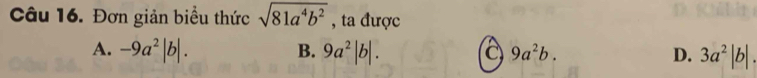 Đơn giản biểu thức sqrt(81a^4b^2) , ta được
A. -9a^2|b|. B. 9a^2|b|. a 9a^2b. D. 3a^2|b|.