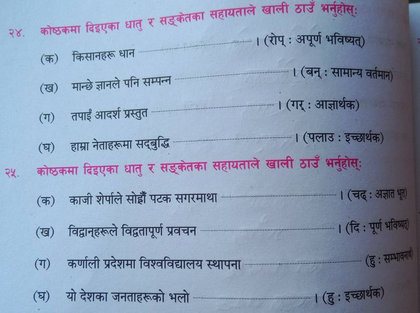 २४. कोष्ठकमा दिइएका धातु र सड्केतका सहायताले खाली ठाउँ भनुहोस् 
_। (रोप् : अपूर्ण भविष्यत्) 
(क) किसानहरूधान 
(ख)ॉमान्छे ज्ञानले पनि सम्पन्न 
_। (बन् : सामान्य वर्तमान) 
_। (गर : आज्ञार्थक) 
(ग) तपाईं आदर्श प्रस्तुत 
(घ) हाम्रा नेताहरूमा सद्बुद्धि 
_। (पलाउ : इच्छार्थक) 
२५. कोष्ठकमा दिइएका धातु र सइ्केतका सहायताले खाली ठाउँ भनुहोस्: 
(क)ॉकाजी शेर्पाले सोहाँ पटक सगरमाथा _। (चद् : अज्ञात भूत) 
(ख) विद्वान्हरूले विद्वतापूर्ण प्रवचन_ 
। (दि : पूर्ण भविष्यत) 
(ग) कर्णाली प्रदेशमा विश्वविद्यालय स्थापना_ 
(हु: सम्भावनाष) 
(घ)ॉ यो देशका जनताहरूको भलो _I (हु: इच्छार्थक)