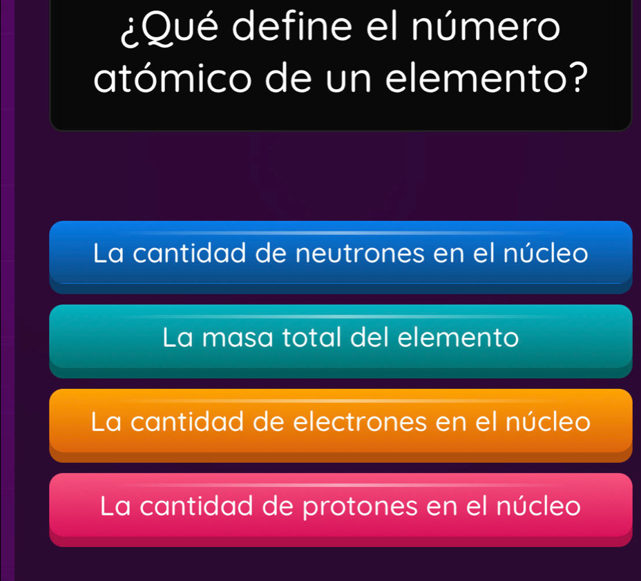 ¿Qué define el número
atómico de un elemento?
La cantidad de neutrones en el núcleo
La masa total del elemento
La cantidad de electrones en el núcleo
La cantidad de protones en el núcleo