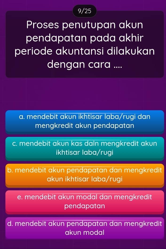 9/25
Proses penutupan akun
pendapatan pada akhir
periode akuntansi dilakukan
dengan cara ....
a. mendebit akun ikhtisar laba/rugi dan
mengkredit akun pendapatan
c. mendebit akun kas daln mengkredit akun
ikhtisar laba/rugi
b. mendebit akun pendapatan dan mengkredit
akun ikhtisar laba/rugi
e. mendebit akun modal dan mengkredit
pendapatan
d. mendebit akun pendapatan dan mengkredit
akun modal