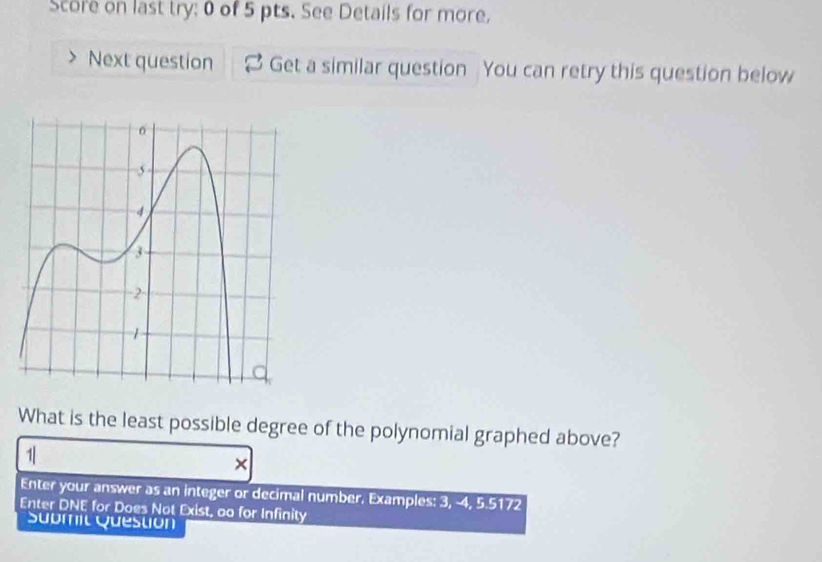 Score on last try: 0 of 5 pts. See Details for more, 
Next question Get a similar question You can retry this question below 
What is the least possible degree of the polynomial graphed above? 
1| 
Enter your answer as an integer or decimal number. Examples: 3, -4, 5.5172
Enter DNE for Does Not Exist, ao for Infinity 
Submit Question