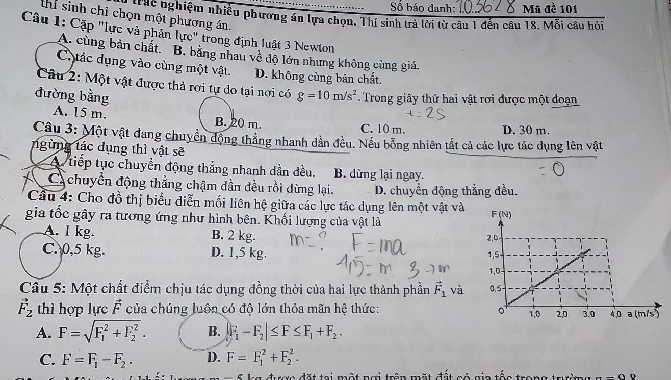 Số báo danh: Mã đề 101
thi sinh chỉ chọn một phương án.
trác nghiệm nhiều phương án lựa chọn. Thí sinh trả lời từ câu 1 đến câu 18. Mỗi câu hỏi
Câu 1: Cặp "lực và phản lực" trong định luật 3 Newton
A. cùng bản chất. B. bằng nhau về độ lớn nhưng không cùng giá.
C. tác dụng vào cùng một vật. D. không cùng bản chất.
Câu 2: Một vật được thả rơi tự do tại nơi có
đường bằng g=10m/s^2 Trong giây thứ hai vật rơi được một đoạn
A. 15 m. B. 20 m. C. 10 m.
D. 30 m.
Câu 3: Một vật đang chuyển động thắng nhanh dần đều. Nếu bỗng nhiên tất cả các lực tác dụng lên vật
ngừng tác dụng thì vật sẽ
A tiếp tục chuyển động thẳng nhanh dần đều. B. dừng lại ngay.
C chuyển động thẳng chậm dần đều rồi dừng lại. D. chuyển động thắng đều.
Cầu 4: Cho đồ thị biểu diễn mối liên hệ giữa các lực tác dụng lên một vật và 
gia tốc gây ra tương ứng như hình bên. Khối lượng của vật là
A. 1 kg. B. 2 kg.
C. 0,5 kg. D. 1,5 kg. 
Câu 5: Một chất điểm chịu tác dụng đồng thời của hai lực thành phần vector F_1 và
vector F_2 thì hợp lực vector F của chúng luôn có độ lớn thỏa mãn hệ thức:
B.
A. F=sqrt (F_1)^2+F_2^2. |F_1-F_2|≤ F≤ F_1+F_2.
D.
C. F=F_1-F_2. F=F_1^2+F_2^2.
g đưược đặt tại một nơi trên mặt đất có gia tốc trong trường a-Q