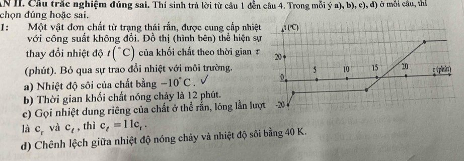 AN II. Câu trăc nghiệm đúng sai. Thí sinh trả lời từ câu 1 đến câu 4. Trong mỗi ý a), b), c), d) ở mồi câu, thí 
chọn đúng hoặc sai. 
1: Một vật đơn chất từ trạng thái rắn, được cung cấp nhiệt t(^circ C)
với công suất không đổi. Đồ thị (hình bên) thể hiện sự 
thay đổi nhiệt độ t(^circ C) của khối chất theo thời gian τ 20
(phút). Bỏ qua sự trao đổi nhiệt với môi trường. 5 10 15 20
0 
a) Nhiệt độ sôi của chất bằng -10°C. 1 (phút) 
b) Thời gian khối chất nóng chảy là 12 phút. 
c) Gọi nhiệt dung riêng của chất ở thể rắn, lỏng lần lượt -20
là c, và c_t , thì c_t=11c_r. 
d) Chênh lệch giữa nhiệt độ nóng chảy và nhiệt độ sôi bằng 40 K.