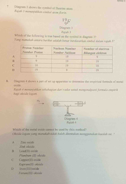 4541/1
7 Diagram 3 shows the symbol of fluorine atom
Rajah 3 menunjukkan simbol atom florin.
19F
9
Diagram 3
Rajah 3
Which of the following is true based on the symbol in diagram 3?
Yang manakah antara berikut adalah benar berdasarkan simbol dalam rajah 3?
8. Diagram 4 shows a part of set up apparatus to determine the empirical formula of metal
oxide.
Rajah 4 menunjukkan sebahagian dari radas untuk mengenalpasti formula empirik
bagi oksida logam.
H_2
Diagram 4
Rajah 4
Which of the metal oxide cannot be used by this method?
Oksida logam yang manakah tidak boleh ditentukan menggunakan kaedah ini. ?
A Zinc oxide
Zink oksida
B Lead(II) oxide
Płumbum (II) oksida
C Copper(II) oxide
Kuprum(II) oksida
D Iron(I)oxide
Ferum(III) oksida