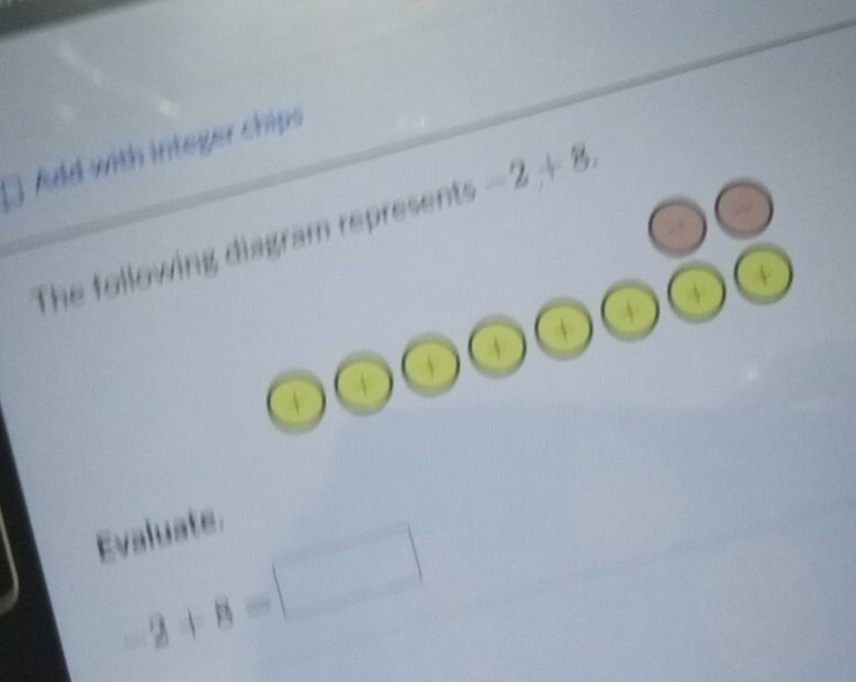 Add with integer chips
-2
The following diagram represents P ÷ 8
Evaluate.
-2+8=□