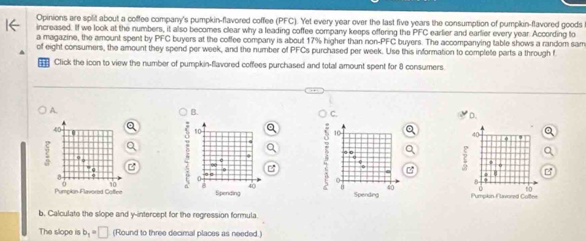 Opinions are split about a coffee company's pumpkin-flavored coffee (PFC). Yet every year over the last five years the consumption of pumpkin-flavored goods 
increased. If we look at the numbers, it also becomes clear why a leading coffee company keeps offering the PFC earlier and earlier every year. According to 
a magazine, the amount spent by PFC buyers at the coffee company is about 17% higher than non-PFC buyers. The accompanying table shows a random sam 
of eight consumers, the amount they spend per week, and the number of PFCs purchased per week. Use this information to complete parts a through f 
Click the icon to view the number of pumpkin-flavored coffees purchased and total amount spent for 8 consumers. 
A. 
B. 
C. 
D.
40
10
10
40
。 
。 
o
00
0 B 
z
3 o 
。 
B
0
0
10
8
8 40 B 40 10
Pumpkin-Flavored Coffee Spending Spending Pumpkin Flavored Coffee 
b. Calculate the slope and y-intercept for the regression formula. 
The slope is b_1=□ (Round to three decimal places as needed.)