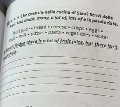 « * * Che cosa c'è nella cucina di Sara? Scrivi delle 
hasi. Usa much, mony, a lot of, lots of e le parole date. 
fruit juice • bread • cheese • crisps • eggs • 
fhuit » milk • pizzas • pasta » vegetables » water 
_ 
_ 
fruit Sara's fridge there is a lot of fruit juice, but there isn’t 
_ 
_ 
_ 
_