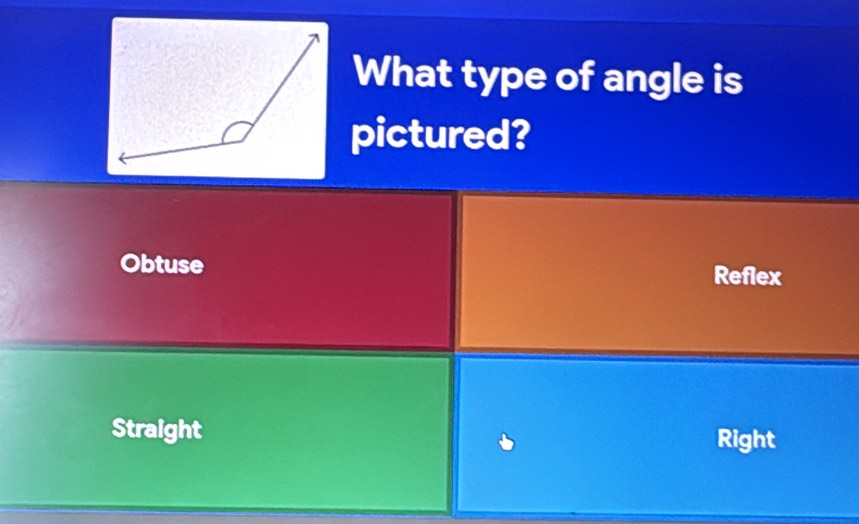 What type of angle is
pictured?
Obtuse
Reflex
Straight Right