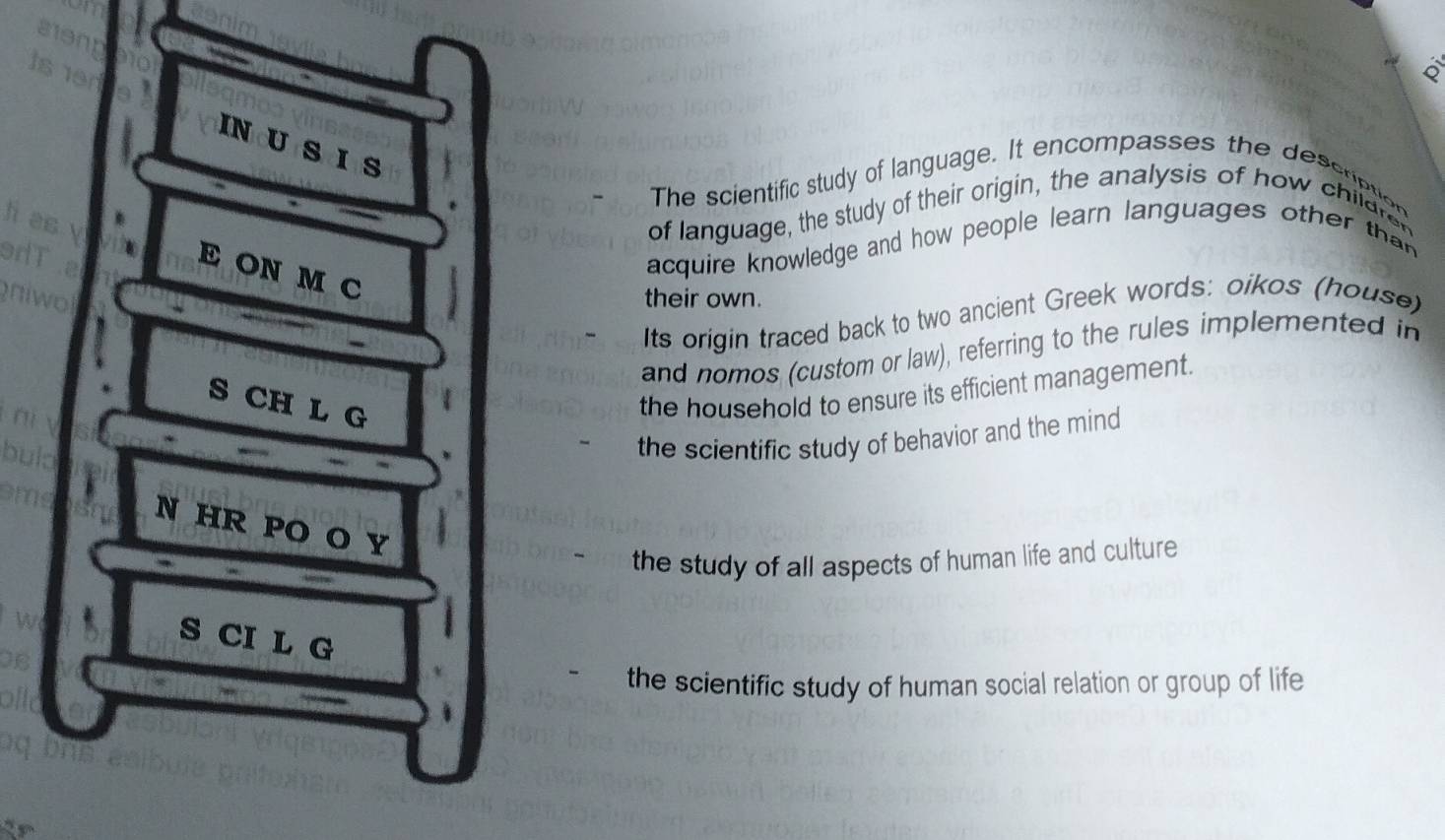 a 
INUSIS 
The scientific study of language. It encompasses the dessription 
of language, the study of their origin, the analysis of how children 
acquire knowledge and how people learn languages other than 
E ONM C 
their own. 
Its origin traced back to two ancient Greek words: oikos (house) 
and nomos (custom or law), referring to the rules implemented in 
S CH L G 
the household to ensure its efficient management. 
the scientific study of behavior and the mind 
N HR PO O Y 
the study of all aspects of human life and culture 
S CI L G 
the scientific study of human social relation or group of life