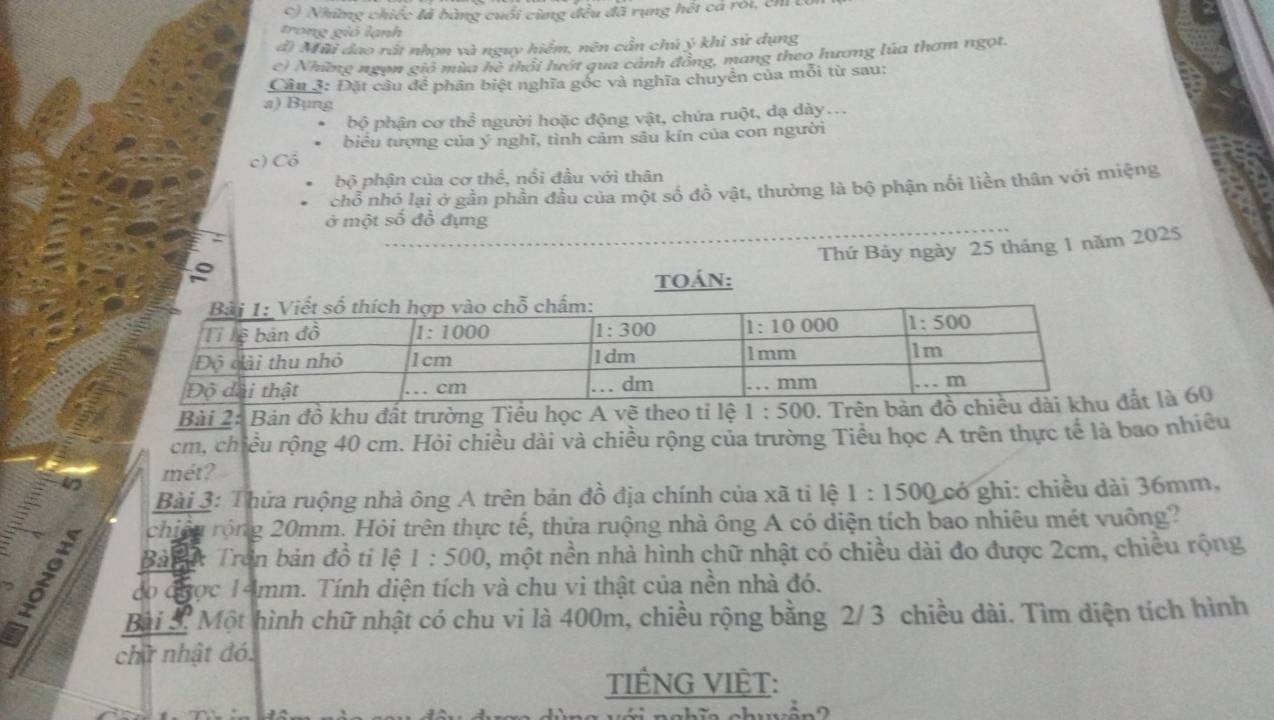 Những chiếc là bàng cuối cùng đều đã rụng hết cá rói, ch c
trong gió lạnh
đ) Mùả đao rất nhợn và nguy hiểm, nên cần chủ ý khi sử dụng
c) Những ngọn gió mùa hè thổi lướt qua cảnh đồng, mang theo hương lủa thơm ngọt.
Câu 3: Đặt cầu để phần biệt nghĩa góc và nghĩa chuyển của mỗi từ sau:
a) Bụng
bộ phận cơ thể người hoặc động vật, chứa ruột, dạ dày...
biểu tượng của ý nghĩ, tình cảm sâu kín của con người
c) Cổ
bộ phận của cơ thhat overline overline e , nổi đầu với thân
chỗ nhỏ lại ở gần phần đầu của một số đồ vật, thường là bộ phận nổi liền thân với miệng
ở một số đồ đựng
Thứ Bảy ngày 25 tháng 1 năm 2025
Toán:
Bài 2: Bản đồ khu đất trường Tiểu học A vẽ theo tỉ lệất là 60
cm, chiều rộng 40 cm. Hỏi chiều dài và chiều rộng của trường Tiểu học A trên thực tế là bao nhiều
4 mét?
Bài 3: Thứa ruộng nhà ông A trên bản đồ địa chính của xã tỉ lệ 1:1500 có ghi: chiều dài 36mm,
chiệu rộng 20mm. Hỏi trên thực tế, thửa ruộng nhà ông A có diện tích bao nhiêu mét vuông?
a
Bàn A Trên bản đồ tỉ lệ 1:500 1, một nền nhà hình chữ nhật có chiều dài đo được 2cm, chiều rộng
co được 14mm. Tính diện tích và chu vi thật của nền nhà đó.
Bài S Một hình chữ nhật có chu vi là 400m, chiều rộng bằng 2/ 3 chiều dài. Tìm diện tích hình
chữ nhật đó.
TIÊNG VIÊT: