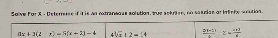 Solve For X - Determine if it is an extraneous solution, true solution, no solution or infinite solution.