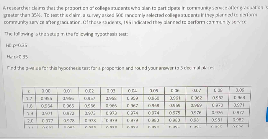 A researcher claims that the proportion of college students who plan to participate in community service after graduation is 
greater than 35%. To test this claim, a survey asked 500 randomly selected college students if they planned to perform 
community service after graduation. Of those students, 195 indicated they planned to perform community service. 
The following is the setup m the following hypothesis test:
H0:p=0.35
Ha. p>0.35
Find the p -value for this hypothesis test for a proportion and round your answer to 3 decimal places.