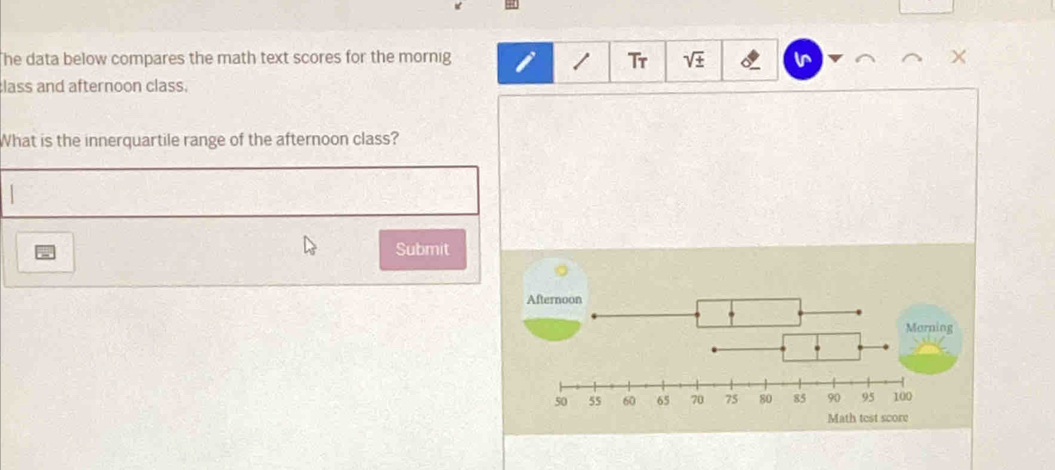 he data below compares the math text scores for the mornig i / Tr sqrt() + × 
class and afternoon class. 
What is the innerquartile range of the afternoon class? 
Submit