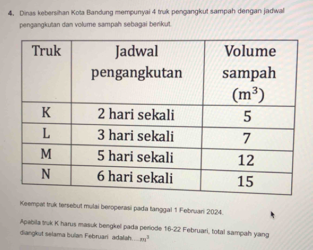 Dinas kebersihan Kota Bandung mempunyai 4 truk pengangkut sampah dengan jadwal
pengangkutan dan volume sampah sebagai berikut.
Keempat truk tersebut mulai beroperasi pada tanggal 1 Februari 2024.
Apabila truk K harus masuk bengkel pada periode 16-22 Februari, total sampah yang
diangkut selama bulan Februari adalah.... m^3