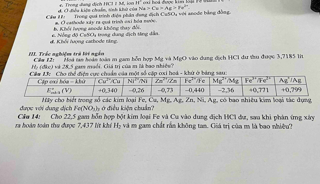 c. Trong dung dịch HCl 1 M, ion H^+ oxi hoá được kim loại Fể thanh
d. Ở điều kiện chuẩn, tính khử của Na>Cu>Ag>Fe^(2+).
Câu 11: Trong quá trình điện phân dung dịch Cu SO_4 với anode bằng đồng.
a. Ở cathode xảy ra quá trình oxi hóa nước.
b. Khối lượng anode không thay đổi.
c. Nồng độ CuS O_4 trong dung dịch tăng dần.
d. Khối lượng cathode tăng.
III. Trắc nghiệm trả lời ngắn
Câu 12: ' 'Hoà tan hoàn toàn m gam hỗn hợp Mg và MgO vào dung dịch HCl dư thu được 3,7185 lít
H_2 (đkc) và 28,5 gam muối. Giá trị của m là bao nhiêu?
cực chuẩn của một số cặp oxi hoá - khử ở bảng sau:
Hãy cho biết trong số các kim loại Fe, Cu, Mg, Ag, Zn, Ni, Ag, có bao nhiêu kim loại tác dụng
được với dung dịch Fe(NO_3)_3 ở điều kiện chuẩn?
Câu 14: Cho 22,5 gam hỗn hợp bột kim loại Fe và Cu vào dung dịch HCl dư, sau khi phản ứng xảy
ra hoàn toàn thu được 7,437 lít khí H_2 và m gam chất rắn không tan. Giá trị của m là bao nhiêu?