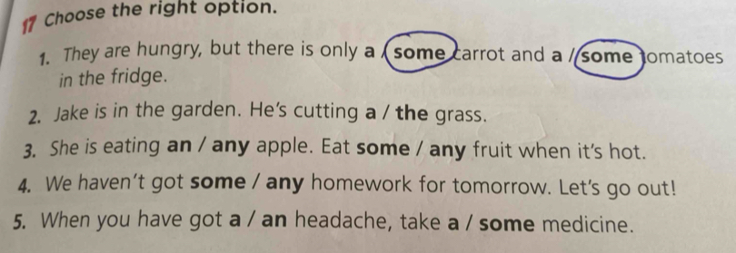 Choose the right option. 
1. They are hungry, but there is only a some carrot and a / some tomatoes 
in the fridge. 
2. Jake is in the garden. He's cutting a / the grass. 
3. She is eating an / any apple. Eat some / any fruit when it's hot. 
4. We haven't got some / any homework for tomorrow. Let's go out! 
5. When you have got a / an headache, take a / some medicine.