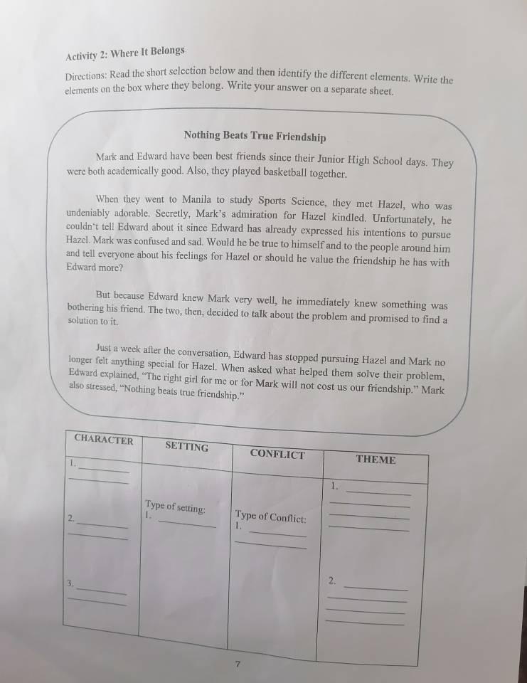 Activity 2: Where It Belongs 
Directions: Read the short selection below and then identify the different elements. Write the 
elements on the box where they belong. Write your answer on a separate sheet. 
Nothing Beats True Friendship 
Mark and Edward have been best friends since their Junior High School days. They 
were both academically good. Also, they played basketball together. 
When they went to Manila to study Sports Science, they met Hazel, who was 
undeniably adorable. Secretly, Mark’s admiration for Hazel kindled. Unfortunately, he 
couldn't tell Edward about it since Edward has already expressed his intentions to pursue 
Hazel. Mark was confused and sad. Would he be true to himself and to the people around him 
and tell everyone about his feelings for Hazel or should he value the friendship he has with 
Edward more? 
But because Edward knew Mark very well, he immediately knew something was 
bothering his friend. The two, then, decided to talk about the problem and promised to find a 
solution to it. 
Just a week after the conversation, Edward has stopped pursuing Hazel and Mark no 
longer felt anything special for Hazel. When asked what helped them solve their problem, 
Edward explained, “The right girl for me or for Mark will not cost us our friendship.” Mark 
also stressed, “Nothing beats true friendship.”