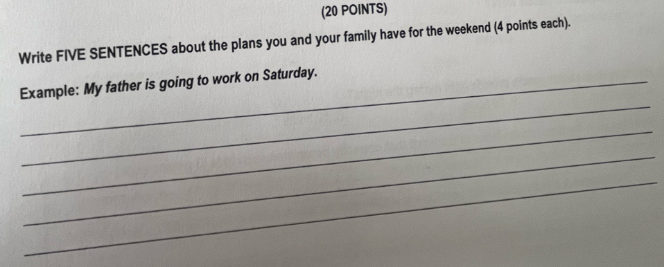 Write FIVE SENTENCES about the plans you and your family have for the weekend (4 points each). 
_ 
_Example: My father is going to work on Saturday. 
_ 
_ 
_