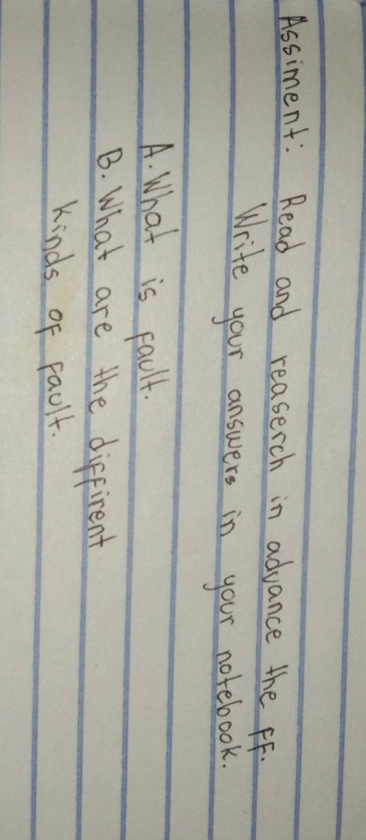 Assiment: Read and reaserch in advance the FF.
Write your answers in your notebook.
A. What is fault.
B. What are the diffirent
Kinds of fault.