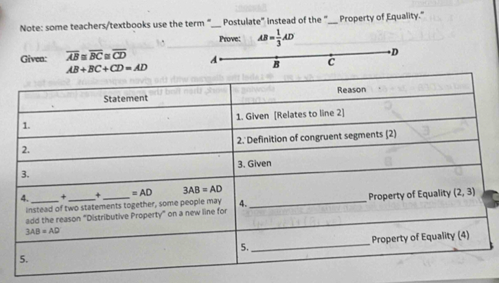 Note: some teachers/textbooks use the term “__ Postulate” instead of the “__ Property of Equality.”
Prove: AB= 1/3 AD
Given: overline AB≌ overline BC≌ overline CD.D
A B C
AB+BC+CD=AD