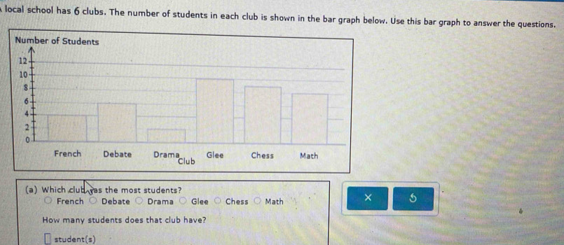 local school has 6 clubs. The number of students in each club is shown in the bar graph below. Use this bar graph to answer the questions.
(a) Which club yas the most students?
French Debate Drama Glee Chess Math
×
How many students does that club have?
student(s)