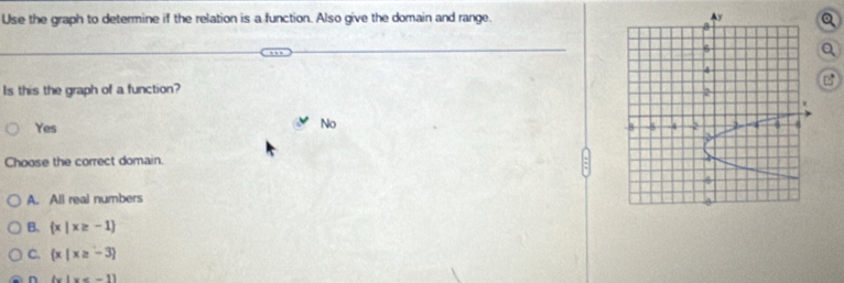 Use the graph to determine if the relation is a function. Also give the domain and range. a
a
Is this the graph of a function?
No
Yes 
Choose the correct domain.
A. All real numbers
B.  x|x≥ -1
C.  x|x≥ -3
n  x|x