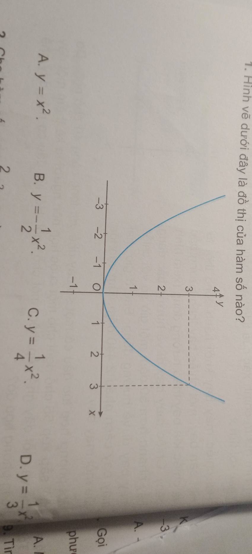 Hình vẽ dưới đây là đồ thị của hàm số nào?
K
-3
A. -
Gọi
phư
A. y=x^2. B. y=- 1/2 x^2. C. y= 1/4 x^2. D. y= 1/3 x^2
A.
2 9. Tìr