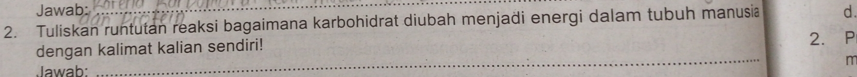 Jawab:_ d. 
2. Tuliskan runtutan reaksi bagaimana karbohidrat diubah menjadi energi dalam tubuh manusia 
dengan kalimat kalian sendiri! 
2. P
m
Jawab: 
_