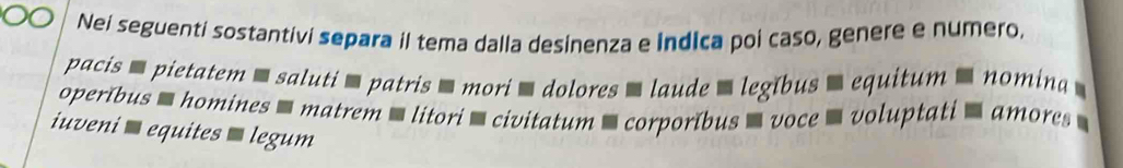 Nei seguenti sostantivi separa il tema dalla desinenza e indica poi caso, genere e numero. 
pacis ' pietatem ' saluti ' patris ' mori ' dolores ' laude ' legíbus ' equitum ' nomina 
operíbus ' homines ' matrem ' litori ' civitatum ' corporíbus ' voce ' voluptati '` amores 
iuveni ' equites ' legum