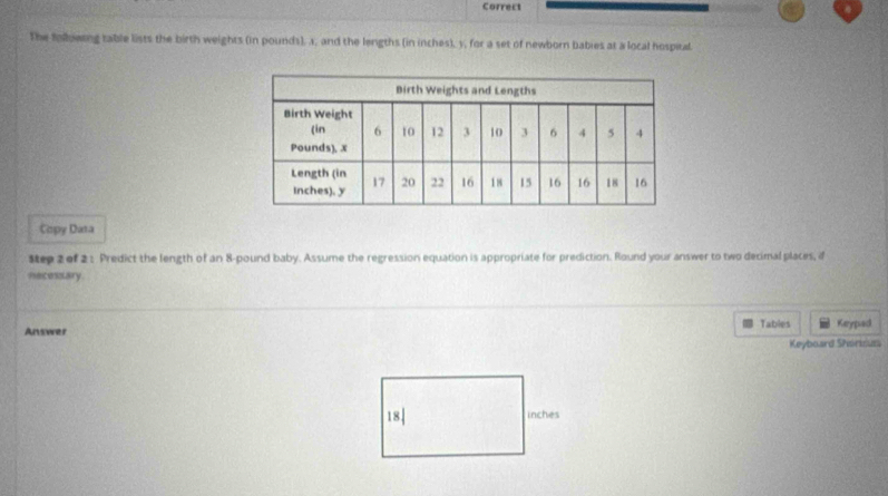 Correct 
The follbwing table lists the birth weights (in pounds), a, and the lengths (in inches), y, for a set of newborn babies at a local hospital 
Copy Data 
$tep 2 of 2 1 Predict the length of an 8-pound baby. Assume the regression equation is appropriate for prediction. Round your answer to two decimal places, if 
necessary 
Answer Tables Keypad 
Keyboard SPorisuas
18↓ inches