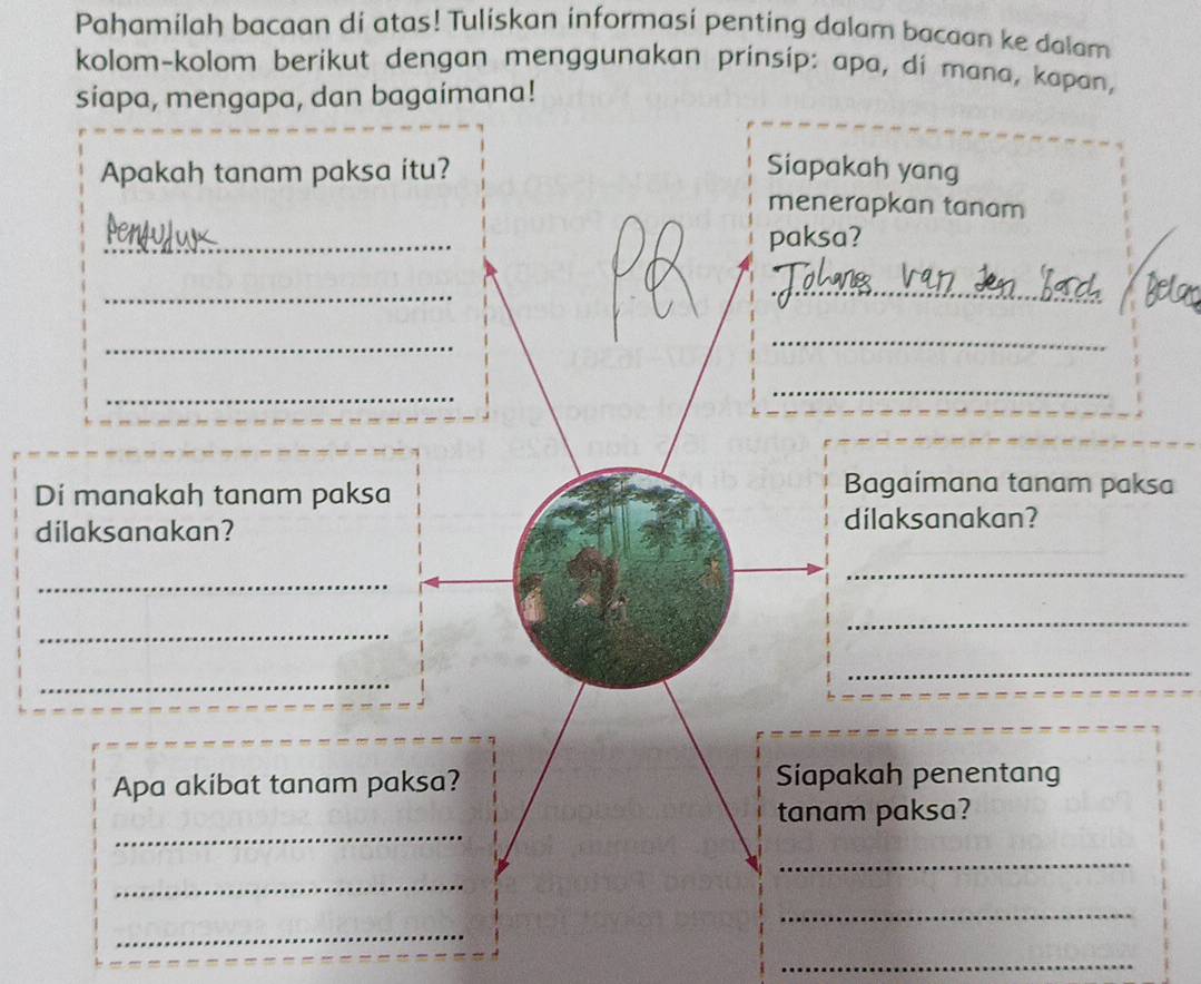 Pahamilah bacaan di atas! Tuliskan informasi penting dalam bacaan ke dalam 
kolom-kolom berikut dengan menggunakan prinsip: apa, di mana, kapan, 
Dsa 
d 
_ 
_ 
_ 
_ 
_