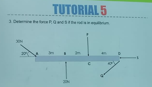 TUTORIAL 5
3. Determine the force P, Q and S if the rod is in equilibrium.