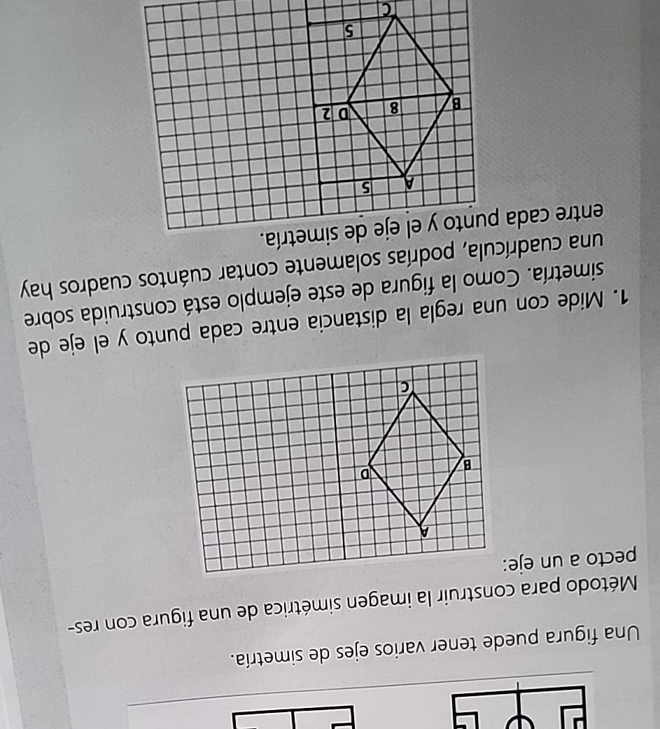 Una figura puede tener varios ejes de simetría. 
Método para construir la imagen simétrica de una figura con res- 
pecto a un eje: 
1. Mide con una regla la distancia entre cada punto y el eje de 
simetría. Como la figura de este ejemplo está construida sobre 
una cuadrícula, podrías solamente contar cuántos cuadros hay