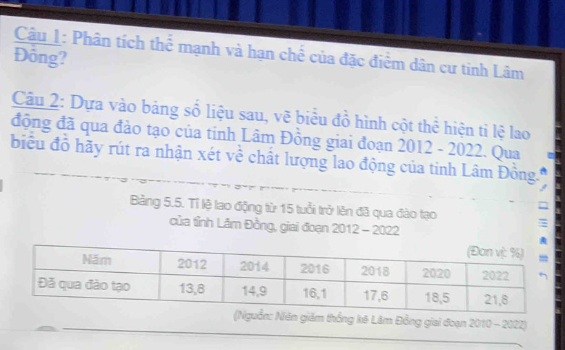 Phân tích thể mạnh và hạn chế của đặc điểm dân cư tinh Lâm 
Đông? 
Câu 2: Dựa vào bảng số liệu sau, vẽ biểu đồ hình cột thể hiện ti lệ lao 
động đã qua đào tạo của tinh Lâm Đồng giai đoạn 2012 - 2022. Qua 
biểu đồ hãy rút ra nhận xét về chất lượng lao động của tinh Lâm Đồng. 
Bảng 5.5. Tỉ lệ lao động từ 15 tuổi trở lên đã qua đào tạo 
của tỉnh Lâm Đồng, giai đoạn 2012 - 2022 
thống kê Lâm Đồng giai đoạn 2010 - 2022)