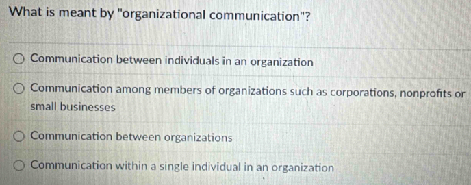 What is meant by "organizational communication"?
Communication between individuals in an organization
Communication among members of organizations such as corporations, nonprofıts or
small businesses
Communication between organizations
Communication within a single individual in an organization