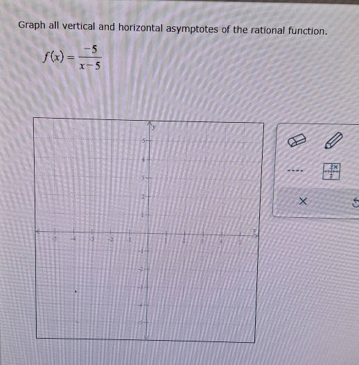 Graph all vertical and horizontal asymptotes of the rational function.
f(x)= (-5)/x-5 
×