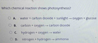 Which chemical reaction shows photosynthesis?
A. water + carbon dioxide + sunlight → oxygen + glucose
B. carbon + oxygen → carbon dioxide
C. hydrogen + oxygen → water
D. nitrogen + hydrogen → ammonia