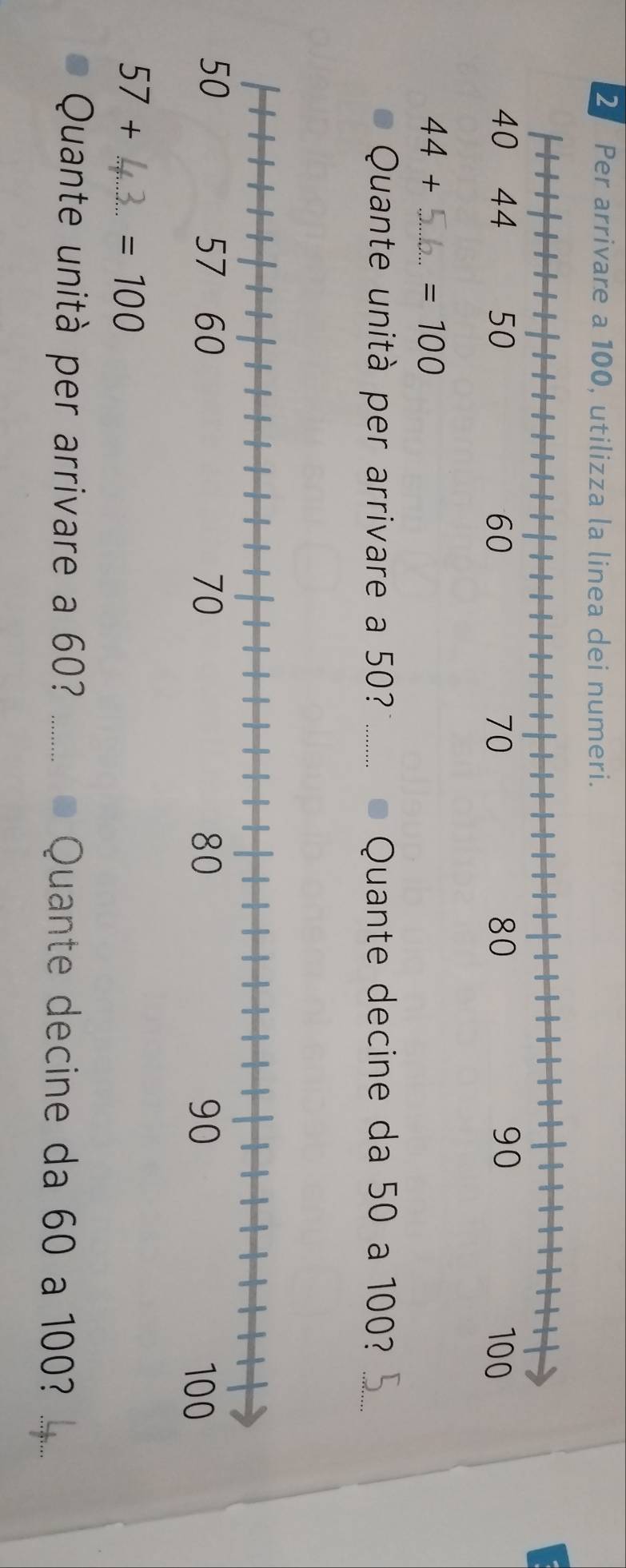 Per arrivare a 100, utilizza la linea dei numeri.
44+ =100
Quante unità per arrivare a 50? _Quante decine da 50 a 100?_ 
_ 57+
=100
Quante unità per arrivare a 60? _ Quante decine da 60 a 100?