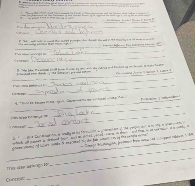 Whose Idea Is It Anyway? Head each of the excerpts below. Determine which philosophers chougho 
influenced the passage. Then identify the governmental contept from the reading thas the passage 
reflects 
1. "Every Bill which shall have passed the House of Representatives and the Senate, shall, before a become a 
Low, be presented to the President of the United States. If he approve he shall sign it, but i not he shall retern 
it in which Case i shall not be a Law." 
— Constitution, Article 1, Section 7, Clause 2
This idea belongs to:_ 
Concept 
_ 
2. "AlL will bear in mind this sacred principle, that though the will of the majority is in all cases to prevoil . 
the minority possess their equal rights." 
_ 
— Thomas Jefferson, First Inaugural Address, 1801 
_ 
_ 
This idea belongs to: 
Concept: 
3. "He [the President] shall have Power; by and with the Advice and Consent of the Senate, to make Treaties, 
— Constitution, Article II, Section 2, Clause 2
_ 
provided two thirds of the Senators present concur . . ."' 
This idea belongs to: 
_ 
Concept: 
— Declaration of Independence 
_ 
_ 
4. "That to secure these rights, Governments are instituted among Men...." 
_ 
This idea belongs to: 
Concept: 
5. '. . . this Constitution, is really in its formation a government of the people; that is to say, a government in 
which all power is derived from, and at stated period reverts to them - and that, in its operation, it is purely, a 
— George Washington, fragment from discarded Inaugural Address, 1789 
government of Laws made & executed by the fair substitutes of the people alone." 
This idea belongs to: 
_ 
Concept: 
_