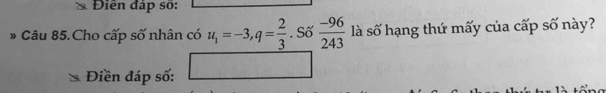ĐDiễn đấp số: 
* Câu 85.Cho cấp số nhân có u_1=-3, q= 2/3 . Số  (-96)/243  là số hạng thứ mấy của cấp số này? 
Điền đáp số: