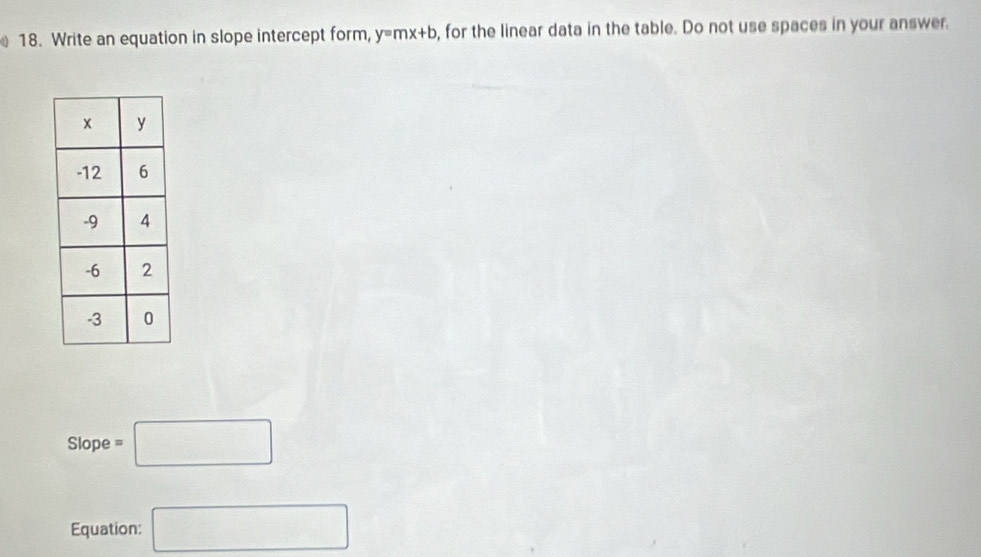 Write an equation in slope intercept form, y=mx+b , for the linear data in the table. Do not use spaces in your answer.
slop a =□
Equation: □