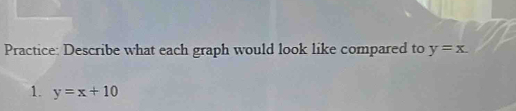 Practice: Describe what each graph would look like compared to y=x. 
1. y=x+10