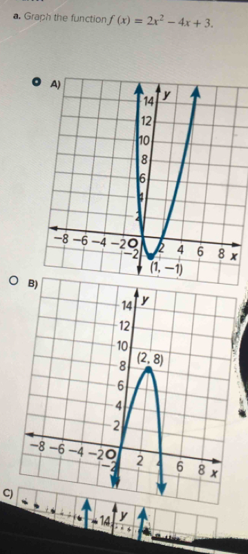 Graph the function f(x)=2x^2-4x+3.
C)
+ 14 y
*