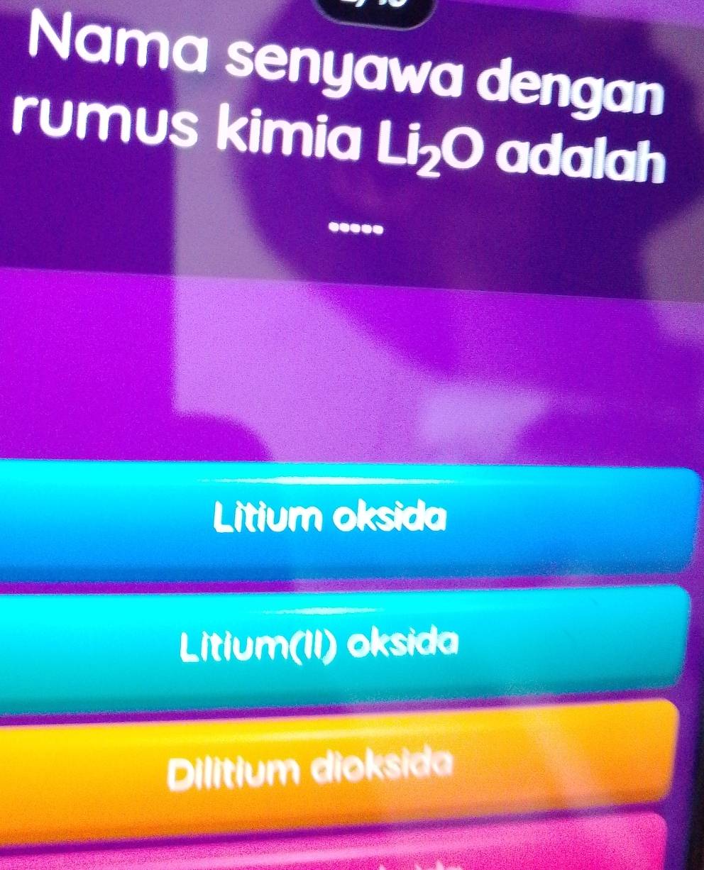 Nama senyawa dengan
rumus kimia Li_2O adalah
Litium oksida
Litium(II) oksida
Dilitium dioksida