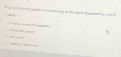 Which quantity or quantities is/are incressing for the object represented by Line B?
(1 point)
veocity, position, and acosieration
velocity and position
velacity onily
velooty and acceleration